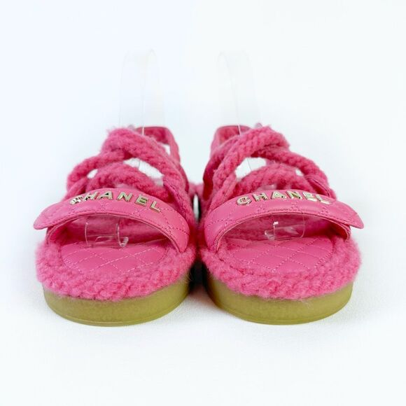 CHANEL Pink Rope CC Dad Sandals Size 37 Open Toe Gladiator Slingback Fuzzy - Picture 7 of 13